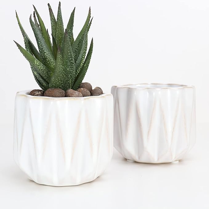 Plant Pot 4 Inch Ceramic Pots, Set of 2 Flower Pots Crackle Glaze Small Planters Pots with Drainage Hole and Mesh Pads for Indoor Outdoor Garden Pots Succulent, Cactus, Herbs (White)