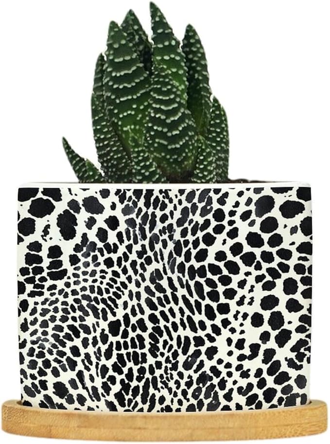 DreamAutumn Black and White Cheetah Leopard Print Animal Skin Pattern Ceramic Pots for Plants with Drainage Holes Round Flower Pot Bamboo Tray Orchid Pot Succulents Pots for Outdoor Indoor Plants