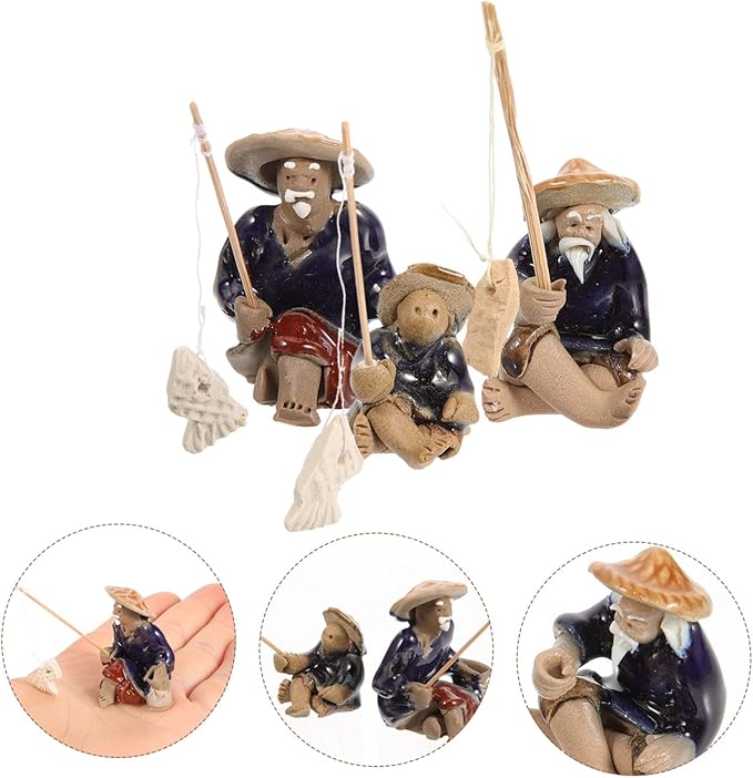 Angoily 3Pcs Miniature Fisherman Figurines Ceramic Statue for Aquariums Lovely Bonsai Landscape Decor Asian Fisherman Sculpture for Micro Landscapes and Fish Tanks