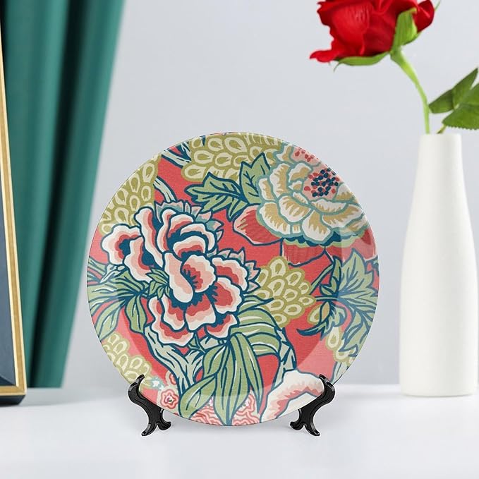 Red And Yellow Chinoiserie Peony Floral Decorative Plate for Display Colorful Chinoiserie Flower Table Housewarming Gifts Supplies Wedding Home Holiday Party Decorations Customize Gifts Holiday