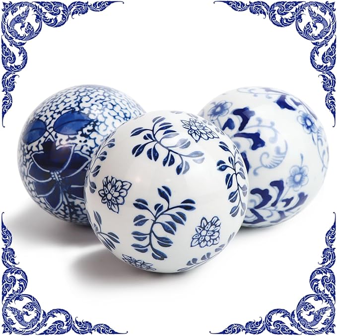 Kesywale Set of 3 Blue & White Porcelain Orbs Decorative Balls Ceramic Spheres for Centerpiece Bowl, Tray or Basket Decor 3 Inch Diameter (A)