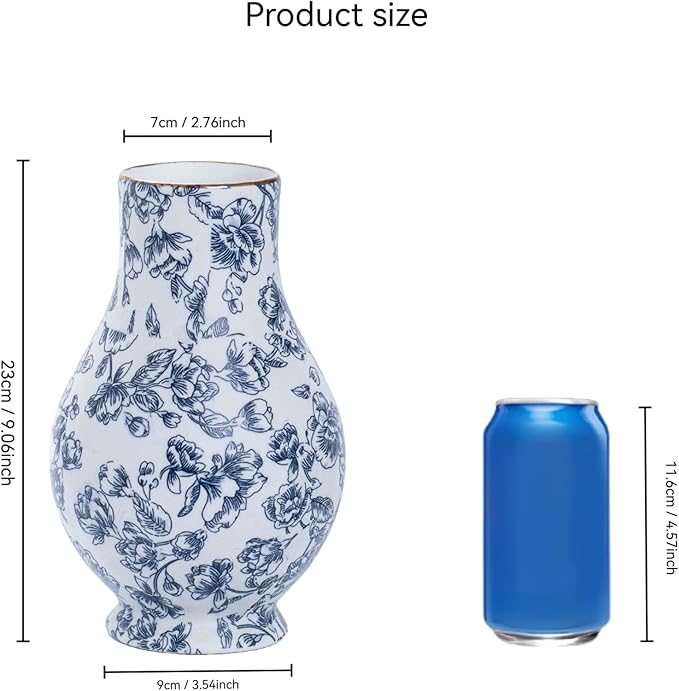9in Blue and White Chinoiserie vase - Vintage Ceramic Flower vase with Antique Design, Perfect for centerpieces or Kitchen Accents.Chinoiserie Porcelain Decor