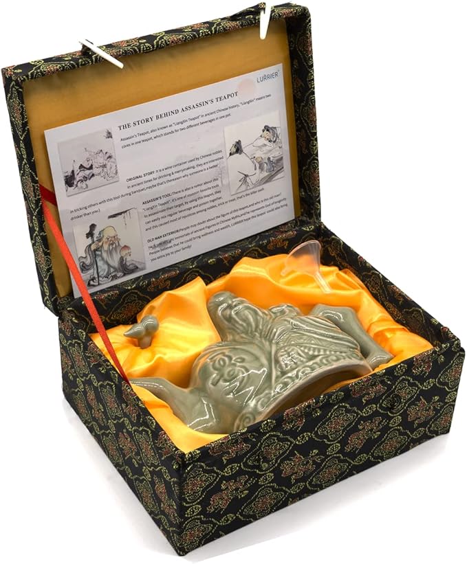 LURRIER Assassins Teapot, Handmade Chinese Ceramic Tea Kettle, One Pot Three Drinks,Two Chambers Kettle, Drink Dispenser, Magic Trick Kettle with Gift Box,16 oz(Green)