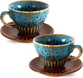 4 oz Espresso Cups Set of 2, Ceramic Cappuccino Cups with Saucers, Durable Porcelain Tea Set & Modern Coffee Cup Collection, Coffee Lover Gifts, Glazed Blue