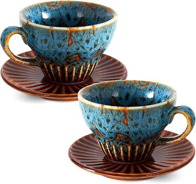 2 oz Espresso Cups Set of 2, Ceramic Cappuccino Cups with Saucers, Durable Porcelain Tea Set & Modern Coffee Cup Collection, Coffee Lover Gifts, Glazed Blue