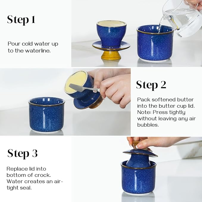 DOWAN French Butter Crock, Ceramic Dish With Lid for Countertop and Fridge, Keeper With Waterline, Flip-Top Container & Spreader, Reactive Glaze Holder, Blue