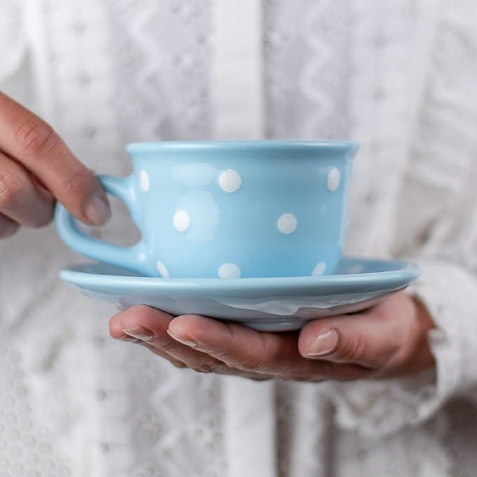 City to Cottage Handmade Light Sky Blue and White Polka Dot Ceramic 8.4oz/250ml | Cappuccino, Coffee, Tea Cup and Saucer, Unique Designer Pottery Gift for Tea Lovers