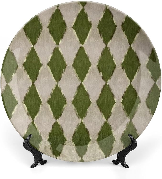 Custom Gifts Ceramic Decorative Plate, Geometric Ikat in Forest Green Wall Hanging Decorative Plate Wedding Unique Art with Stand, Country Decor for Kitchen Housewarming Gifts Wall, 6", 7", 8", 10"