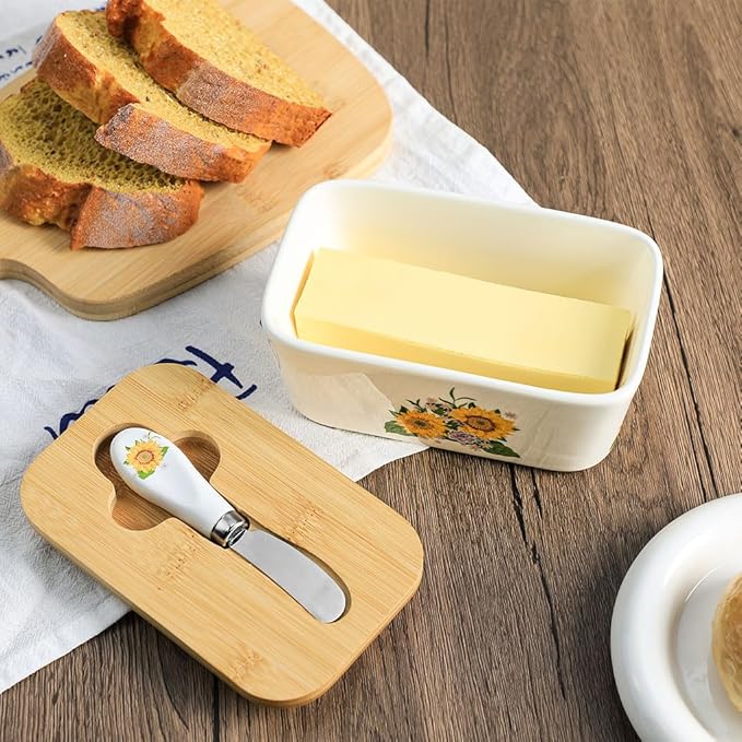 WAIT FLY Flower Ceramic Butter Dish with Bamboo Lid and Knife, 2 Sticks Butter Dish Butter Container Keeper for Kitchen Countertop, Home Decorative-Sunflower