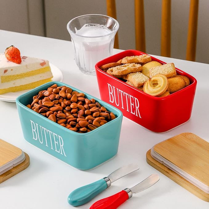 Hasense Porcelain Butter Dish with Bamboo Lid - Covered Butter Dish with Butter Knife for Countertop, Airtight Butter Container with Cover Perfect for East West Coast Butter, Red