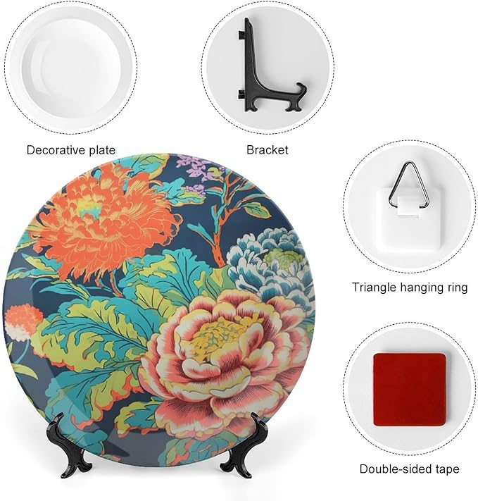 Chinoiserie Peony Floral Decorative Plate for Display Beautiful Exotic Chinoiserie Office Home Supplies Household Kitchen Holiday Party Decorations Customize Gifts for Men Women Birthday