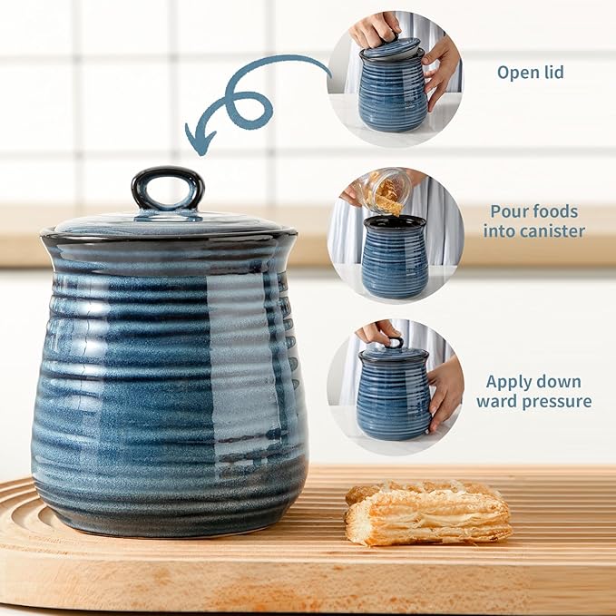 HASENSE Ceramic Food Storage Jar with Airtight Seal Lid, 35 Ounce Kitchen Canister Container for Cookie, Ground Coffee, Pasta, Cereal, Flour, Sugar, Rice, Seasoning and Pet Treat, Navy
