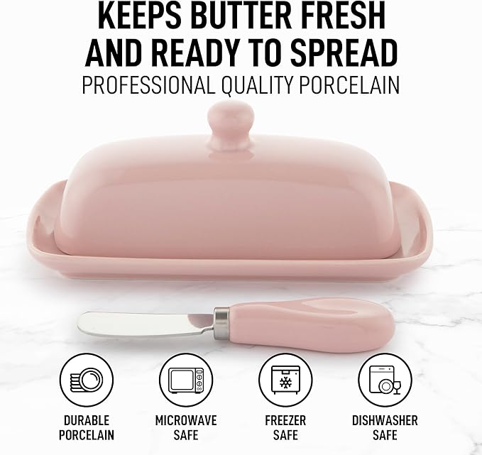 Zulay Butter Dish With Lid For Countertop - Porcelain Pink, Ceramic Butter Dish with Knob Handle Great for Cooking - Elegant Design Butter Holder - Durable & Sturdy Butter Keeper - Pink