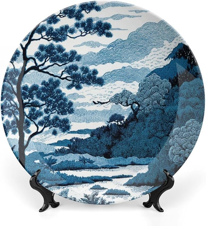 Blue And White Indigo Chinoiserie Vintage Plates, Asian Scenic Ceramic Hanging Decorative Plate for Household Wall Farmhouse Decor, Including Bracket And Special Hook Art Decorations for Club Display