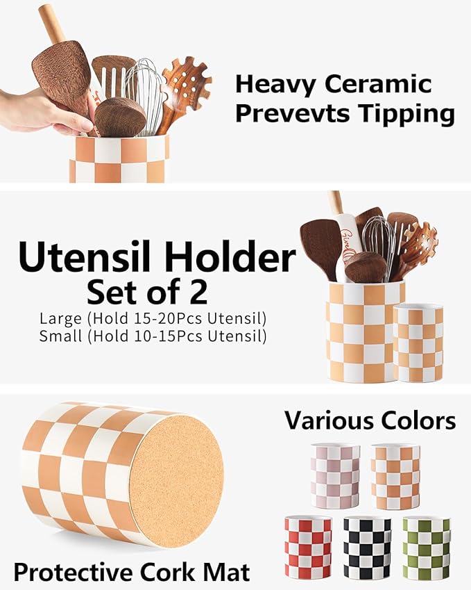 Utensil Holder，7.2 Inch Checkered Utensil Holder, Ceramic Cooking Utensil Spoon/Spatula Holder for Countertop, Kitchen Decor and Accessories, Brown