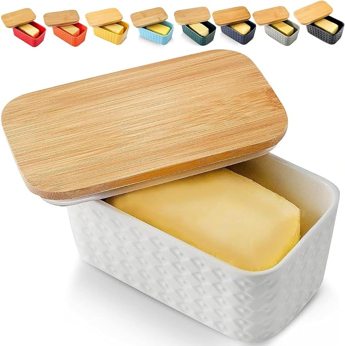 Hasense Butter Dish with Lid- Large Butter Dish for Countertop - Farmhouse Ceramic Butter Container Holder with Cover for Fridge,Silicone Sealing,White Embossed Pattern,Holds Two Sticks of Butter