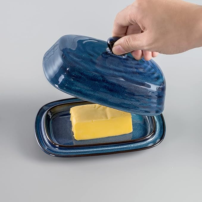 Hasense Butter Dish with Lid, Ceramic Butter Dish with Knife for Countertop with Covered, Large Butter Keeper Handle Design, Blue