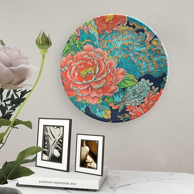 Ceramic Decorative Plate Chinoiserie Peony Floral Personalized Decor for Farmhouse Club Art Decoration Wall Ceramic Dinner Plate with Vertical Stand, Multi Sizes by Choosing, Gifts for Men Women
