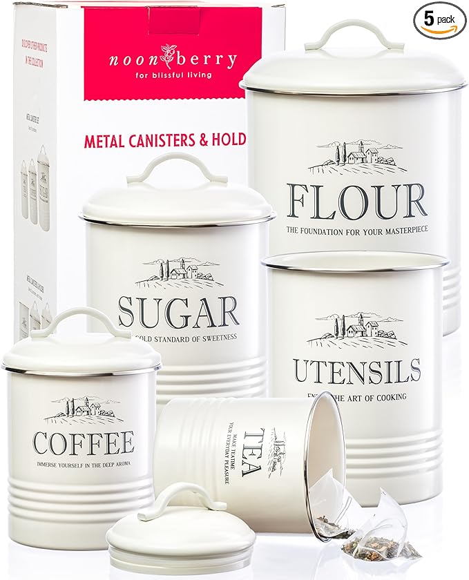 Kitchen Canisters for Countertop – 5-Piece Airtight Flour Sugar Coffee Tea Kitchen Canister Set with Utensil Holder – Sugar and Flour Containers for Kitchen Counter, Cream-White Finish