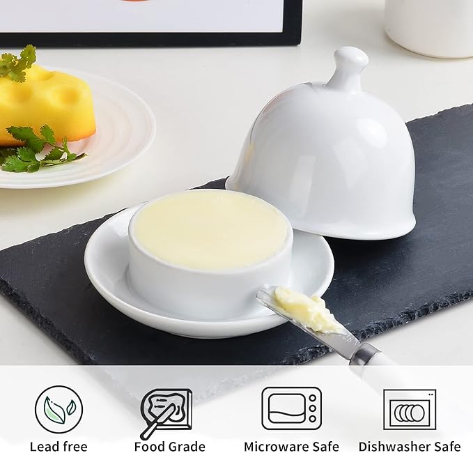 Ceramic Small Butter Dish with Lid, 17 OZ Mini Butter Container, 2-Way Freshness, Pure White