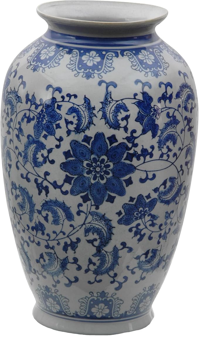 Red Lantern 14" Floral Blue & White Porcelain Tung Chi Vase