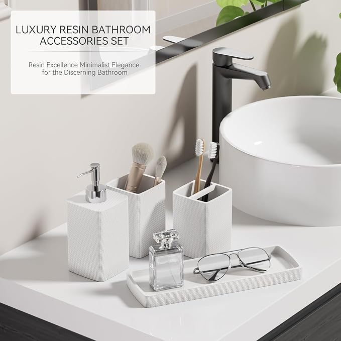 Resin White Bathroom Set, White Bathroom Accessories Set with Shower Curtain, Bath Towel Set, Natural Loofah Sponge, Soap Dispenser, Toothbrush Holder, Bathroom Tumbler and Tray for Bathroom