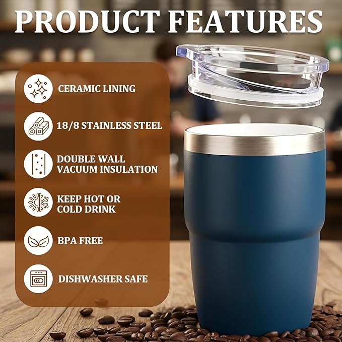 Zenbo 8 oz Stackable Espresso/Coffee Cups with Magnetic Lid, Ceramic-Lined 18/8 Stainless Steel Mini Tumblers, Double-Wall Vacuum Insulated & Dishwasher Safe for Travel & Office (Hot Pink-2 Pack)