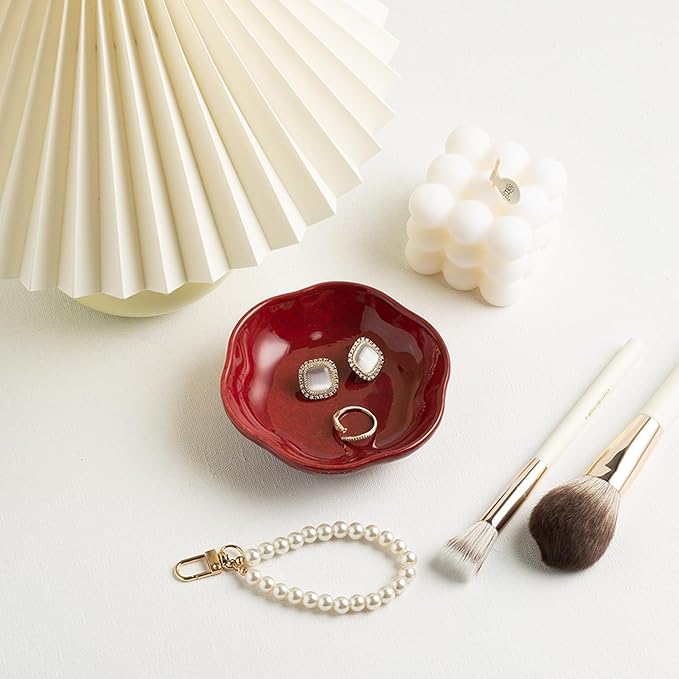 Ceramic Ring Dish Flower Jewelry Holder Dish Cute Jewelry Dish Tray Trinket Dish Small Decorative Tray Key Bowl Room Decor Aesthetic for Mom Best Friend Sister (red)