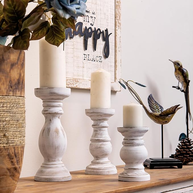 NIKKY HOME Rustic Pillar Candle Holder Set of 3 - Farmhouse Wood Candlestick Stand for Mantle, Fireplace, Dining Table Centerpieces, Distressed White