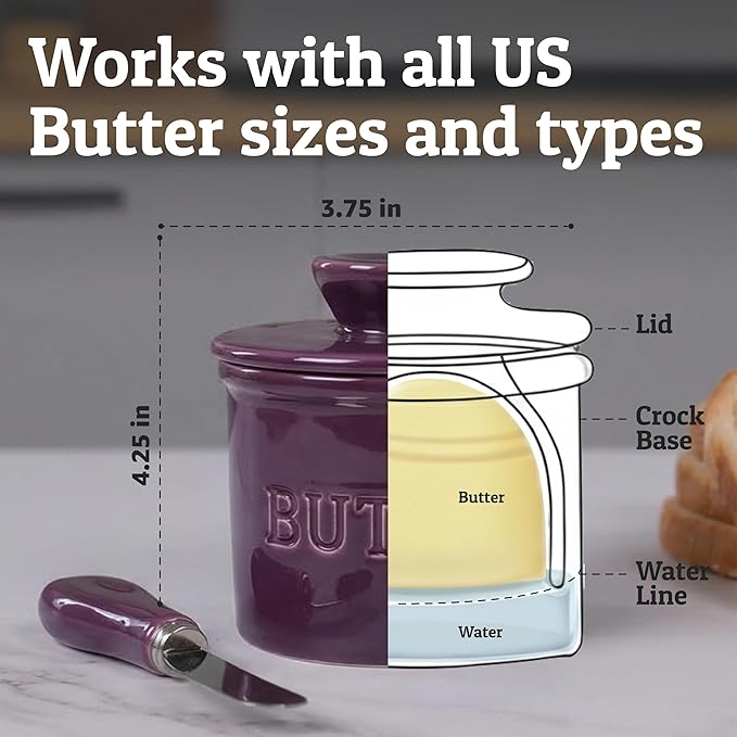 PriorityChef Butter Crock with Lid with Water Line,Ceramic French Butter Dish to Leave On Counter, Purple