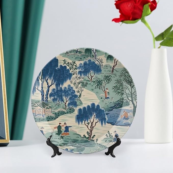 Asian Scenic Dynasty Blue And Green Plates Ceramic, Custom Porcelain Dessert Plate Set for Office Festival Farmhouse Decor, with Vertical Stand Art Decorations for Club Kitchen