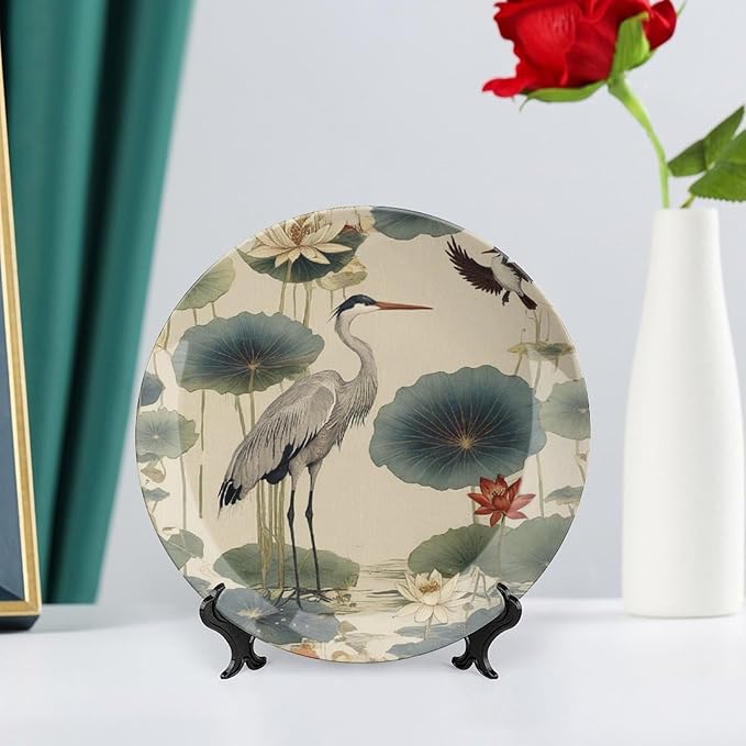 China Plates Birds And Lotus Flowers Customize Decor for Office Housewarming Gifts Wall Club Dinner Plates Unique Art with Stand, Multi Sizes by Choosing, Gifts for Men Women