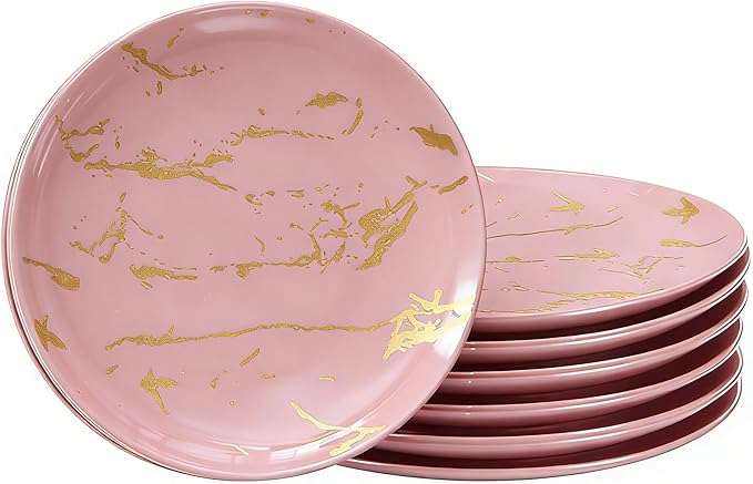 6-Piece Dinner Plate Set, 10-Inch PinkMarble Ceramic Plates with Gold Rim, Oven & Microwave Safe, Elegant Appetizer Salad Dessert Plates for Modern Dining, Dishwasher Safe.