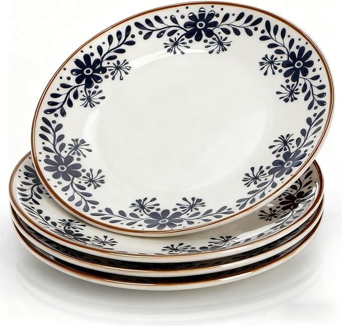 4 Pack Ceramic Dinner Plates, 10" Round Appetizer Plates, Blue Floral Dessert Serving Dishes, Vintage Salad Plate, Scratch Resistant Dinnerware for Kitchen, Microwave Dishwasher Oven Safe