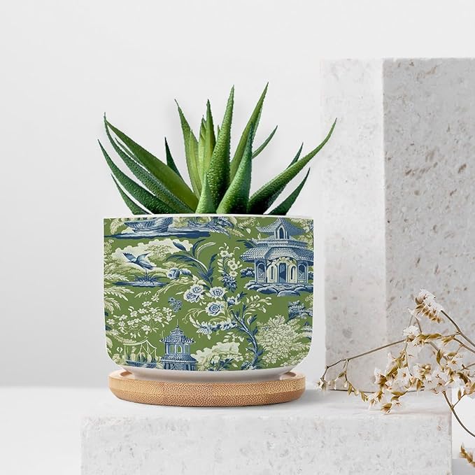Planters Ceramic Turquoise Green Chinoiserie Floral and Bird Pots With Drainage Holes - Round Flowerpot With Bamboo Tray for Succulent and Little Snake Plants - Gift for Nana Grandma