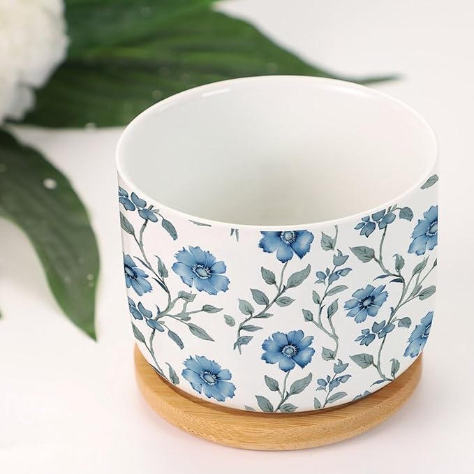 Mughal Flower Small Ceramics Pots Set of 2 Watercolor Blue Mughal Floral Ceramics Pots for Plants with Drainage Bamboo Trays Asian Scenery Chinoiserie Succulent Pot for Indoor