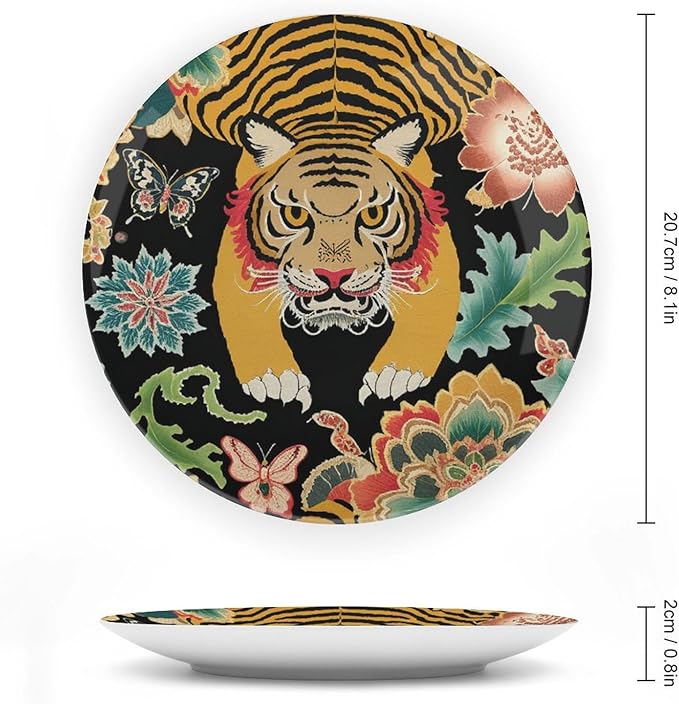 Animal Tiger Stripe Colorful Decorative Plate, Chinoiserie Tiger Custom Ceramic Ornaments Dessert Plates for Home Art Decoration Club Decor, Unique Art with Stand Art Decorations for Display Table