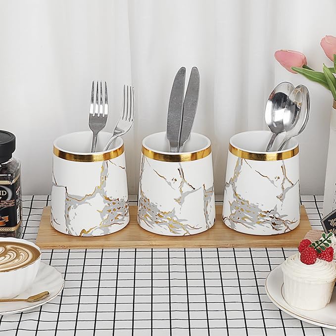 JUXYES Set of 3 Canisters Set for Sugar Coffee Tea with Airtight Lid, Ceramic Storage Containers Sets White Storage Pots with Tray Storage Jar Decorative Canisters Sets for for Kitchen Counter