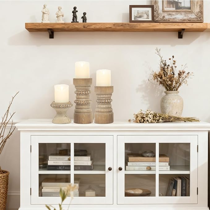 MODE HOME Rustic Natural Wood Candle Holders Set of 3, Farmhouse Beaded Wood Pillar Candle Holder, Candle Holders for Pillar Candles & Candlesticks, Candle Sticks Holder Decor for Table Centerpiece