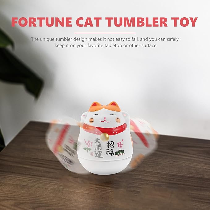 Ceramic Lucky Cat Figurine White Wobble Tumbler Cat Ornament Japanese Style Decorative Table Decor Gift for Home and Office