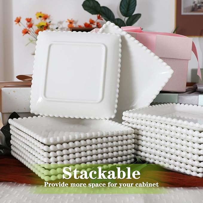 TAMAYKIM 6 Inch Porcelain Dessert Plates, Appetizer Plates, Square Shape Small Dinnerware Sets, Scratch Resistant, Microwave, Oven, and Dishwasher Safe, White with Pearl Dots, 12 Pieces