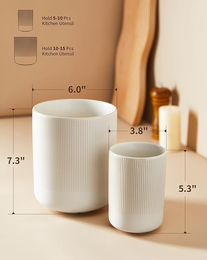 Utensil Holder, 7.3"+5.3" Large Ceramic Kitchen Utensil Holder for Countertop, Cooking Utensil Holder for Kitchen Counter, Kitchen Tool Holder, Modern Farmhouse Decor, Matte White