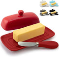 Zulay Kitchen Butter Dish With Lid For Countertop - Porcelain Red, Ceramic Butter Dish with Knob Handle Great for Cooking - Elegant Design Butter Holder - Durable & Sturdy Butter Keeper - Red