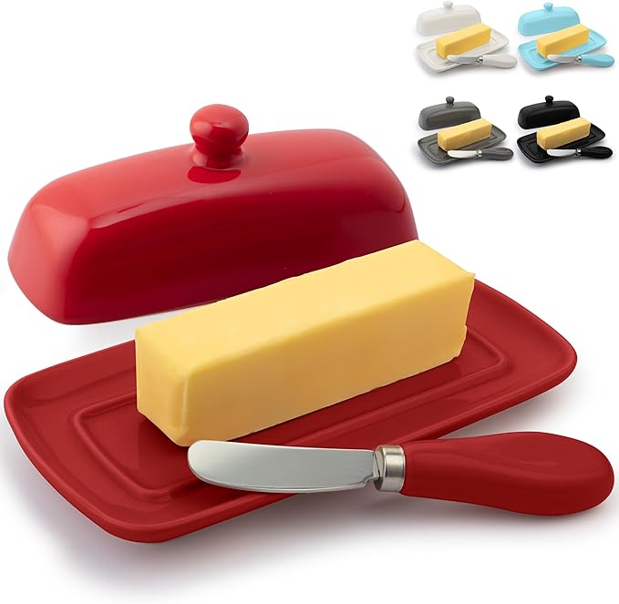 Zulay Kitchen Butter Dish With Lid For Countertop - Porcelain Red, Ceramic Butter Dish with Knob Handle Great for Cooking - Elegant Design Butter Holder - Durable & Sturdy Butter Keeper - Red