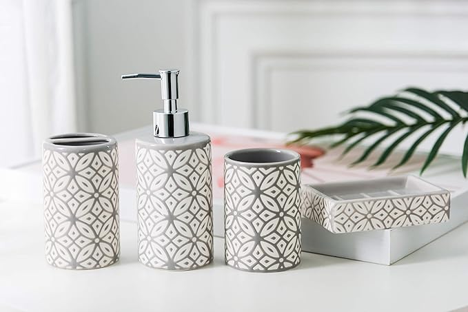 Groovy Bathroom Accessories Set - Complete Bath Accessory Sets Includes Soap Dispenser, Toothbrush Holder, Tumbler, Soap Dish,