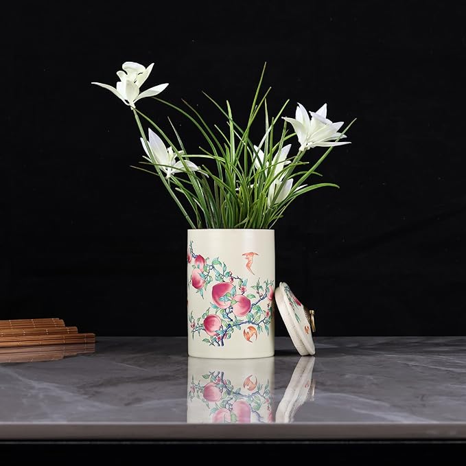 Chinoiserie Porcelain Decorative Jar with Lid,Home Decor Accent, Kitchen Canning Container, Jar for Loose Tea, Pen Holder,21oz Ceramic Vase & Storage Jar (FS Jar)