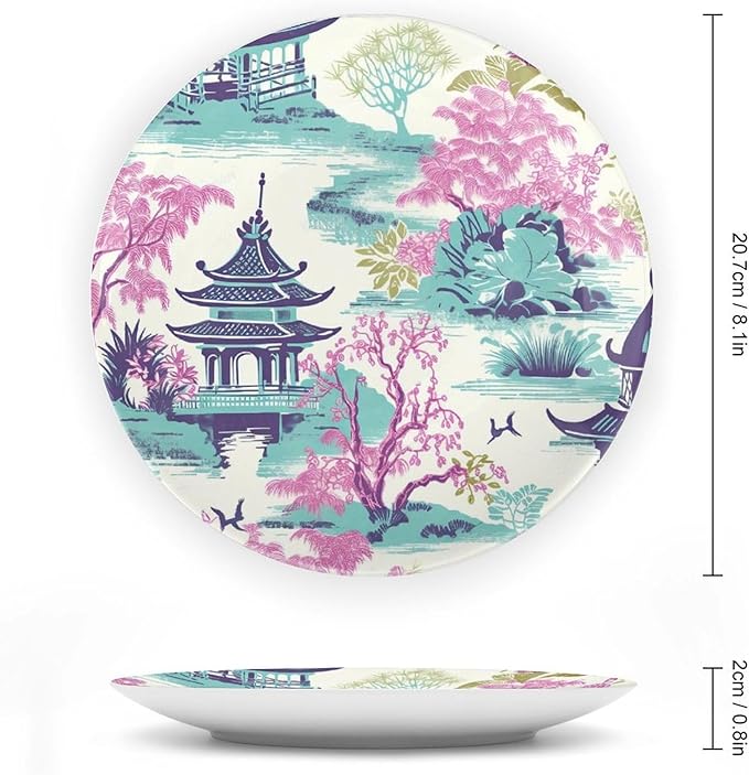 Chinoiserie Pagoda White Coral Blue Asian Plates Ceramic, Chinoiserie Garden Scenery Hand Painted Wall Hanging Decor for Kitchen Household Decor, with Vertical Stand Art Decor for Wall Art Decoration