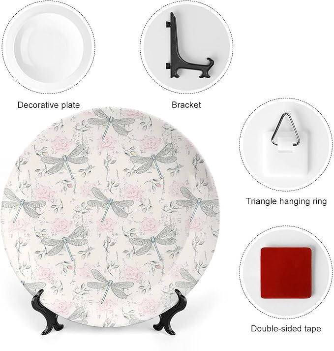 XISUNYA 7 Inch Decorative Plate, Dragonfly Tableware Plate, Chic Roses Vintage Moth Bugs Print Ceramic Wall Hanging Decor Accessory for Dining Table Tabletop Home Decor