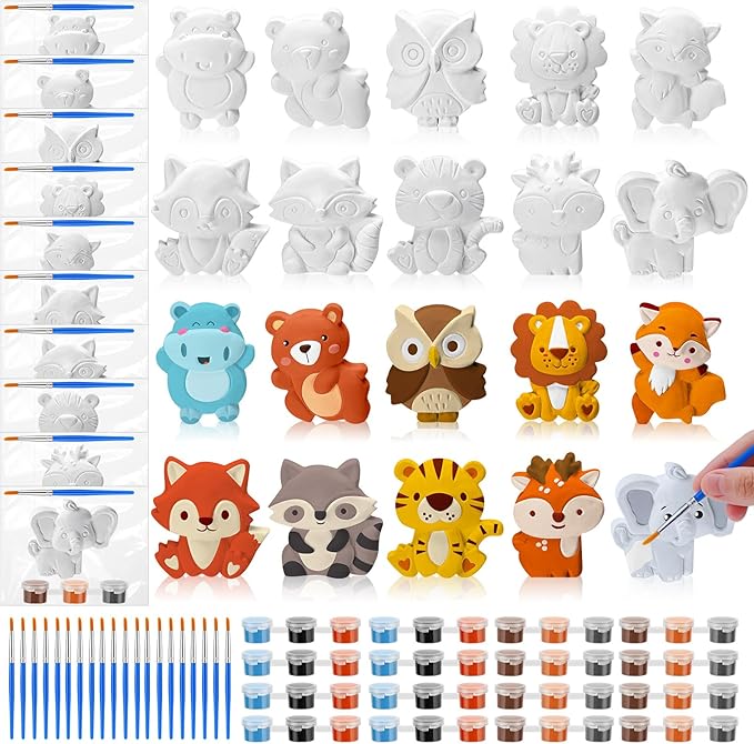 Simgoing 20 Set Jungle Animals Ceramic Painting Kit DIY Ceramic to Paint Your Own Safari Animal Figurines Unpainted Plaster Arts and Craft for Adults Holiday Birthday Party Favors