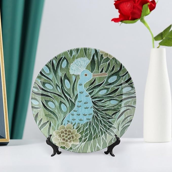 Aqua And Green Chinoiserie Fashion Plates, Custom Abstract Style Peacock Wall Hanging Decorative Plate, Farmhouse Office Decorations Housewarming Gifts, with Display Stand And Hook Up